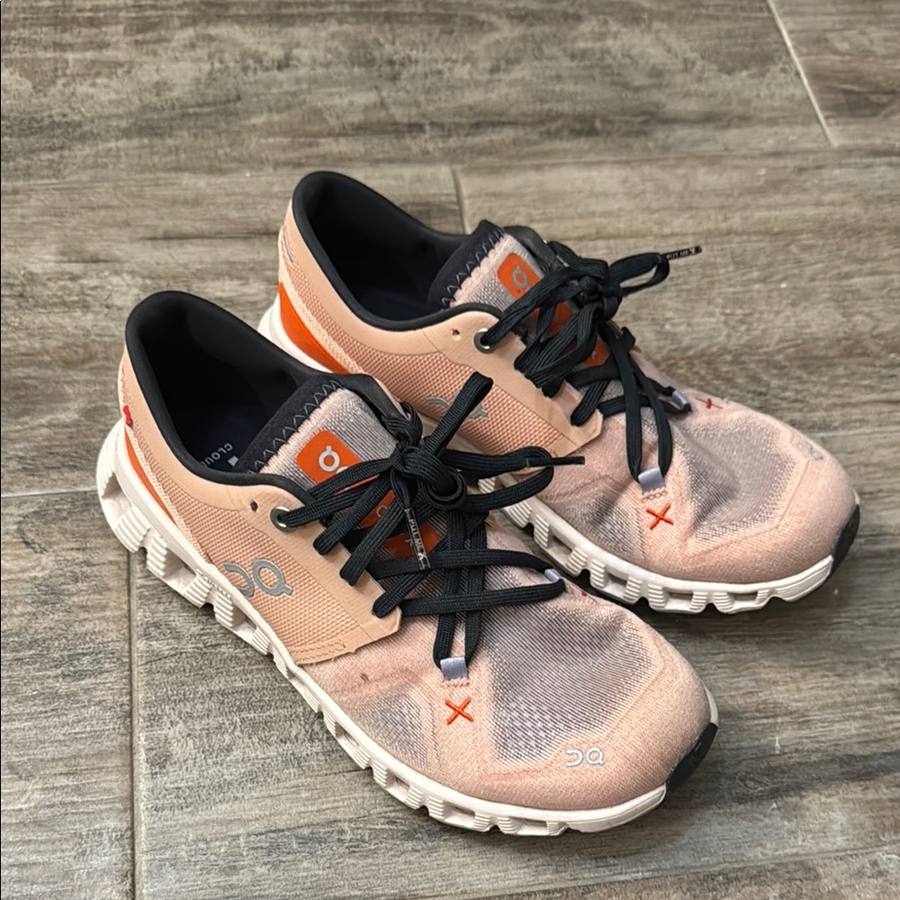On Running Peach Orange Athletic Sneakers with Black Laces